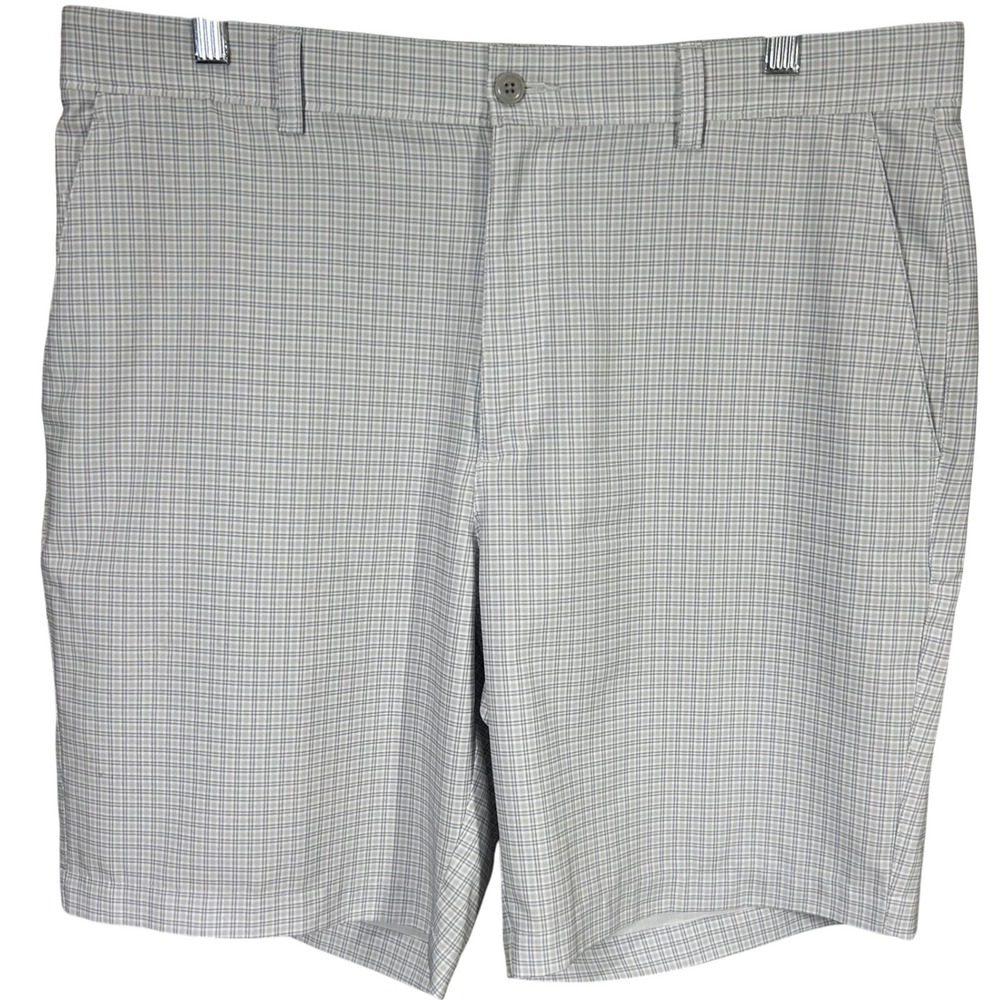 PGA Tour Mens‎ Golf Shorts Grey Blue Plaid Performance Flat Front Size 36
